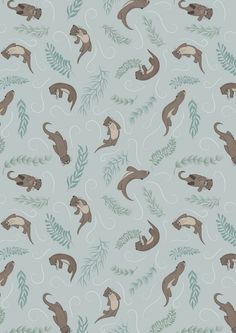 an animal themed wallpaper with monkeys, leaves and swirls on a light blue background