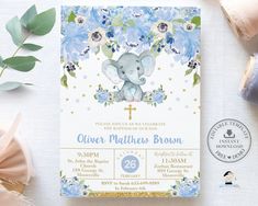 "BLUE FLORAL CUTE BABY ELEPHANT BAPTISM / CHRISTENING PERSONALIZED INVITATION DIY EDITABLE TEMPLATE -  DIGITAL PRINTABLE INVITATION CORJL DIY EDITABLE TEMPLATE - PRINTABLE DIGITAL FILE - INSTANT DOWNLOAD - EP6 MATCHING ITEMS ♥ https://www.etsy.com/au/shop/TheHappyCatStudio?search_query=EP6 ♥  This chic blue floral elephant christening / baptism editable invitation template features an adorable hand-drawn watercolor baby elephant and lovely blue floral greenery.  Personalize it today with your ow Floral Elephant, Christening Invitation, Diy Invitation, Baby Elefant, Floral Greenery, Elephant Baby Showers, Elephant Baby Shower, Elephant Baby