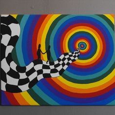 a painting with people standing on top of a checkered rainbow colored wave in the background