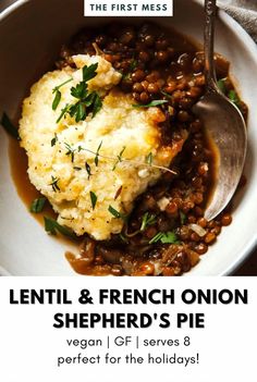 lentil and french onion shepherd's pie on a white plate with a spoon