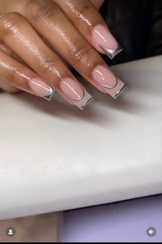 Chrome Mirror French Tip Nails, Short Chrome Acrylic Nails, Natural Acrylic Nails With Design, Metallic Acrylic Nails, Apres Gel X Nails, Classy Acrylic Nails, Short Square Acrylic Nails