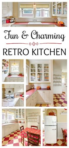 the kitchen has red and white checkered flooring, cabinets, and appliances in it