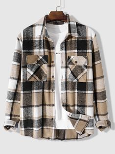 3Pcs Outfits Plaid Shacket And Rose Print T-shirt And Techwear Cargo Pants Set In COFFEE | ZAFUL Europe 2023 Plaid Overcoat, Drop Shoulder Coat, Stylish Coat, Winter Outfits Men, Long Sleeve Plaid Shirt