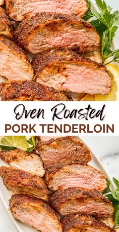 oven roasted pork tenderloin on a plate with lemon wedges and parsley