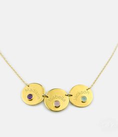 "This is a perfect gift for a mother or a grandmother: the necklace features dainty disks each of them has a tiny bezel gemstone that is carefully set in place to balance a personalized engraving of kid's name, or birthdate. With a variety of fonts to choose from, as well as gemstones, this can be tailored just to you! Available in gold plating and sterling silver. Each disk is approximately 19mm. Gemstone is approximately 3.5mm in diameter. Information We Need From You: ▶ Number of Disks ▶ Birt Gold Birthstone Necklace With Name On Round Pendant, Personalized Gold Jewelry With Round Stone, Customizable Gold Birthstone Necklace Gift For Mom, Personalized Round Gold Birthstone Necklace, Nickel-free Gold Birthstone Necklace For Anniversary, Gold Nickel-free Birthstone Necklace For Anniversary, Mother's Day Gold Birthstone Necklace, Nickel Free, Adjustable Gold Birthstone Necklace For Mother's Day, Gold Birthstone Necklace For Personalized Gift