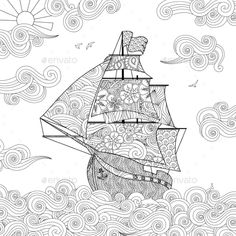 a coloring book page with a ship in the ocean