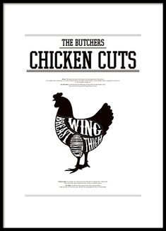 the butcher's chicken cuts poster is shown in black and white with an image of a