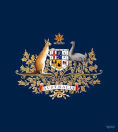 two kangaroos and an ostrich are standing in front of a coat of arms