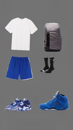 various items are arranged in the shape of a t - shirt, shorts and sneakers