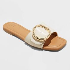 Women's Bennie Buckle Slide Sandals With Memory Foam Insole - A New Day™ Cream : Target Beach Socks, Rhinestone Slides, Family Women, Strappy Top, Footbed Sandals, Rubber Shoes, Jelly Sandals, A New Day, Slide Sandals