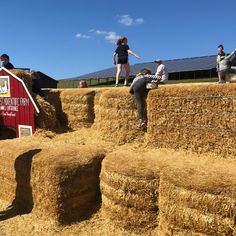 people are standing on hay bales in front of a barn