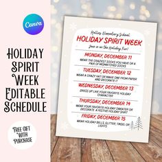 a holiday spirit week printable schedule on a wooden table with lights in the background