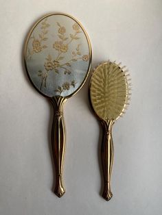 Vintage Floral Gold & Silver Tone Hand & Mirror Brush Set Mirror 12" H X 5" W Brush 10" H X 3" W Price includes shipping Painted Hairbrush, Vintage Hand Mirror, Styling Brush, Hand Mirror, Vintage Western, Brush Set, Tangled, Vintage Floral, Halloween Shopping