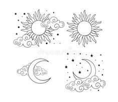 the sun and moon with clouds in the night sky, hand drawn doodle style