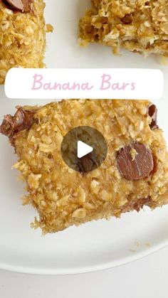 banana bars on a white plate with chocolate chips and oatmeal toppings