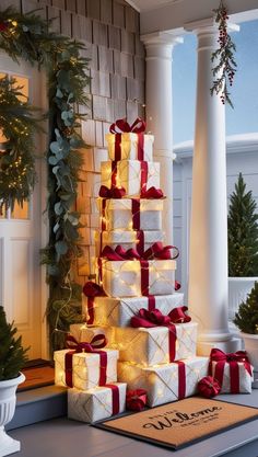 a christmas tree made out of wrapped presents on a porch with garland and lights around it