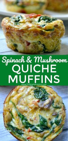 spinach and mushroom quiche muffins on a wooden table with text overlay