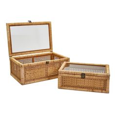 two wicker boxes with mirrors on the top one is empty and the other has an open lid