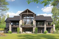 this is an artist's rendering of a large house in the woods with lots of windows and balconies