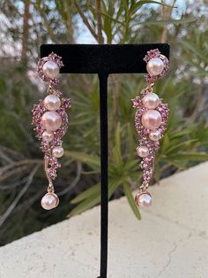 Pink earrings Party Crystal Earrings With Pearl Drop, Party Pearl Earrings With Sparkling Stones, Pearl Drop Crystal Earrings For Party, Pearl Earrings With Sparkling Stones For Parties, Glamorous Pearl Earrings For Party, Jeweled Dangle Pearl Earrings For Parties, Evening Crystal Earrings With Pearl Drop, Pearl Jeweled Earrings For Party, Evening Pearl Drop Crystal Earrings