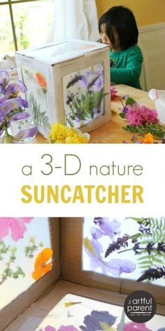 a child is sitting at a table with flowers in front of them and the title reads, a 3 - d nature suncatcher