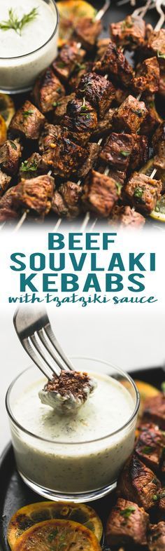 there is a plate with food on it and the words beef souvlak kebabs