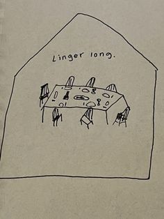 a drawing of a table and chairs in front of a building with the words ginger long written on it