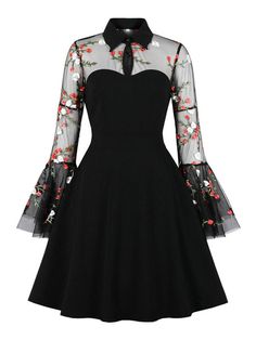 Vampire Dress, 파티 드레스, Flare Sleeve Dress, Elegant Party Dresses, Flare Sleeves, Rockabilly Dress, Party Dress Short, Patchwork Dress, Gothic Style