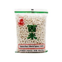 a bag of white balls with chinese writing on the front and green lettering on the back