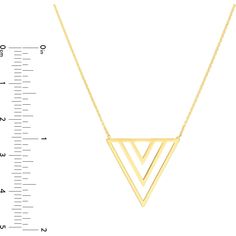 Celebrate the art of fine craftsmanship in this mesmerizing Open Triple Triangle Adjustable Necklace. Awaken your senses with its modern and elegant design that effortlessly elevates your style. Crafted with precision and passion, this necklace is a fusion of art and elegance, where three delicate triangles intertwine, creating a striking geometric masterpiece.Experience the allure of its 14 Karat yellow gold, a metal that embodies luxury and sophistication. The necklace boasts a millimeter widt Gold Triangle Jewelry, Modern Diamond Cut Pendant Necklace, Timeless Gold Necklace With Elegant Design, Modern Necklaces With Diamond Cut For Gifts, Modern Necklace With Diamond Cut For Gifts, Modern Diamond Cut Necklace As A Gift, Modern Formal Necklaces With Adjustable Chain, Modern Diamond Cut Necklace For Formal Events, Modern Formal Pendant Necklace