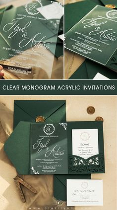 the wedding stationery is set up with green and white cards, envelopes, and other items