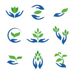 hands holding green plants and leaves with water droplets on them, set of six logos