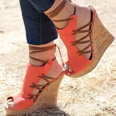 Orange Cork Wedges Ankle Wrap Strappy Peep Toe Suede Platform Sandals image 1 Strappy Platform Heels, Huaraches Shoes, Leopard Wedges, Orange Wedges, Cork Wedges, Strappy Sandals Flat, Toe Post Sandals, Lace Up Wedges, Studded Heels