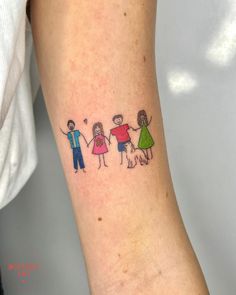 a small family tattoo on the left inner forearm and arm, with two children holding hands