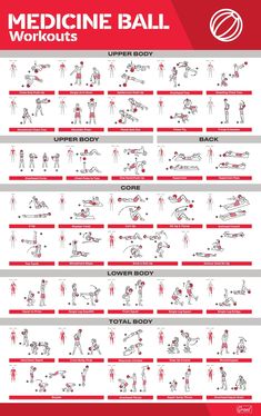 the medicine ball workout poster is shown in red and white