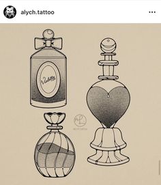 an old fashion drawing of two perfume bottles with hearts on the front and one in the back