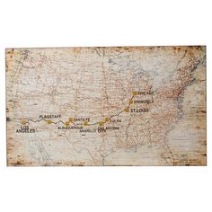 an old map with the united states and major cities on it's wood frame