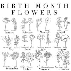 the birth month flowers are shown in this black and white poster, which includes different types of flowers