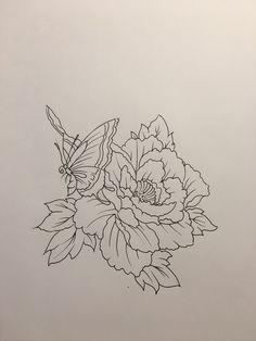 a black and white drawing of flowers with a butterfly on it's back side