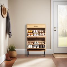 a wooden shoe rack in front of a door