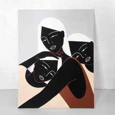 an abstract painting with black and orange shapes on a white background, depicting two women hugging each other