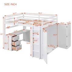 an image of a loft bed with drawers and storage underneath it, measurements for the size