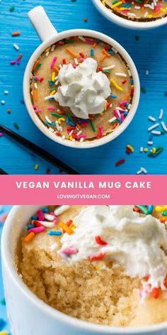 vegan vanilla mug cake with whipped cream and sprinkles in white cups