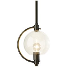 a light fixture with a glass ball hanging from it's end and a metal rod