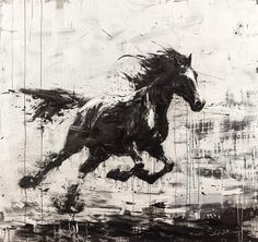 a black and white painting of a running horse