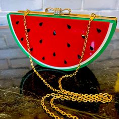 Sarit Designer Bags Watermelon Purse New With Tags! Gold Chain For Over The Shoulder Or Not For Clutch,Crystal Bow Closure,Lots Of Room In This Purse! Green Shoulder Bag For Summer Parties, Green Summer Party Shoulder Bag, Green Summer Party Bags, Multicolor Summer Clutch Evening Bag, Multicolor Clutch Evening Bag For Summer, Red Shoulder Bag For Summer Parties, Red Evening Shoulder Bag For Summer, Summer Evening Clutch Bag, Trendy Summer Clutch As A Gift