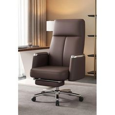 a brown office chair sitting on top of a carpeted floor next to a window