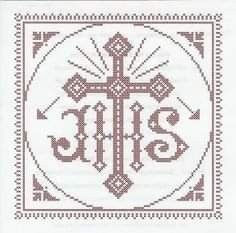 a cross with the word's initials on it is shown in red and white