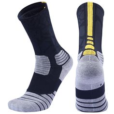 two pairs of black and grey socks with yellow stripes on the bottom, one pair is shown