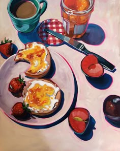 an oil painting of some food on a plate with strawberries and coffee in the background